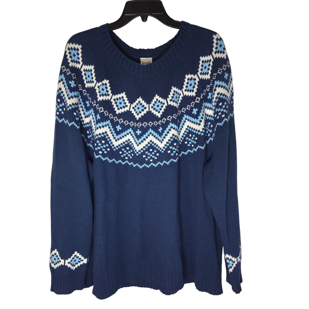 Blair Womens 2XL Navy Blue Fair Isle Knit Pullover Sweater Geometric Crew Neck